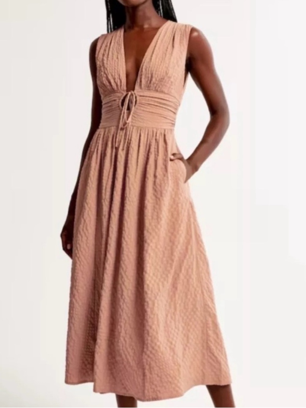 Abercrombie & Fitch Blush Sleeveless Midi Dress with Plunge Neck
